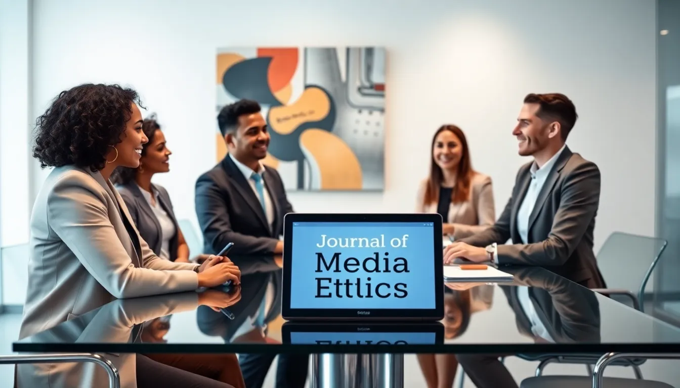 diverse team discussing media ethics in a modern office.