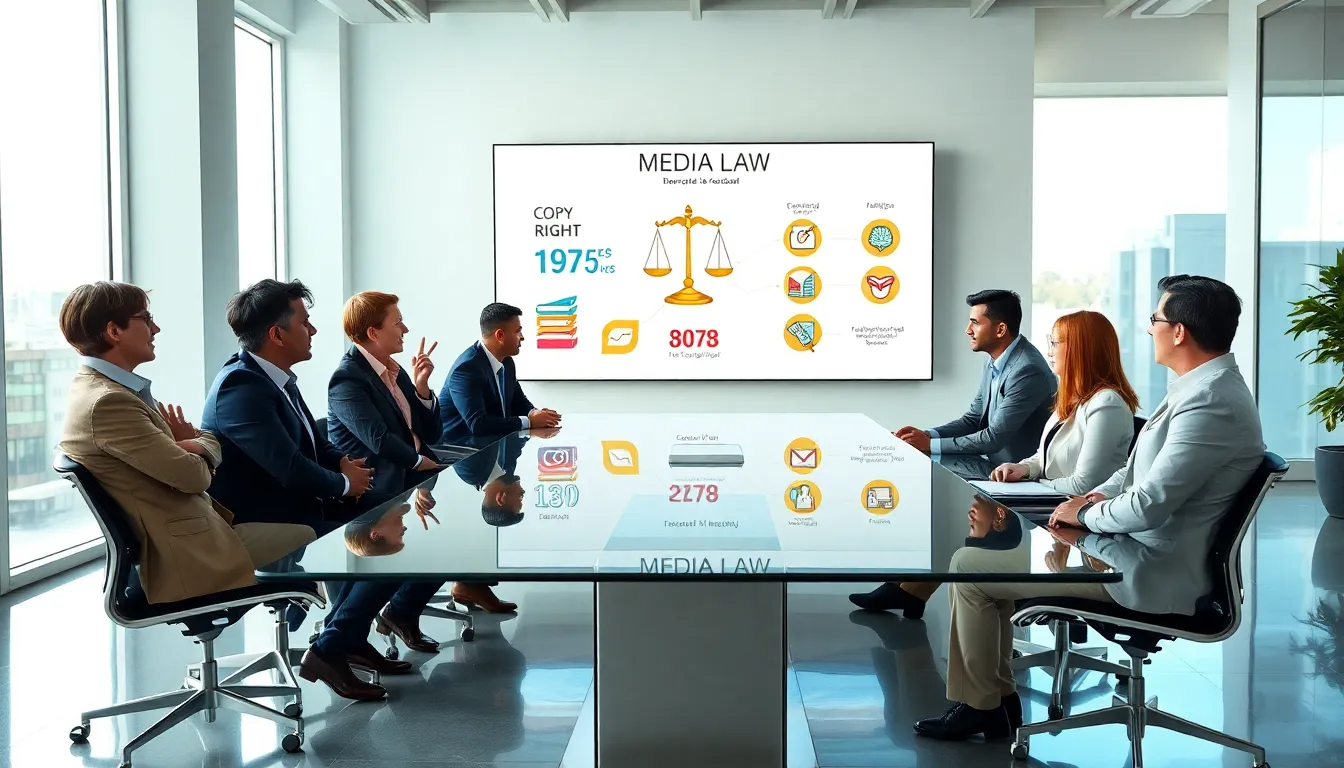 diverse media professionals discussing media law in a modern office.