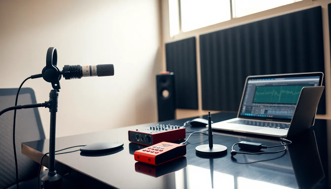 professional podcasting setup with microphone, mixer, and headphones.