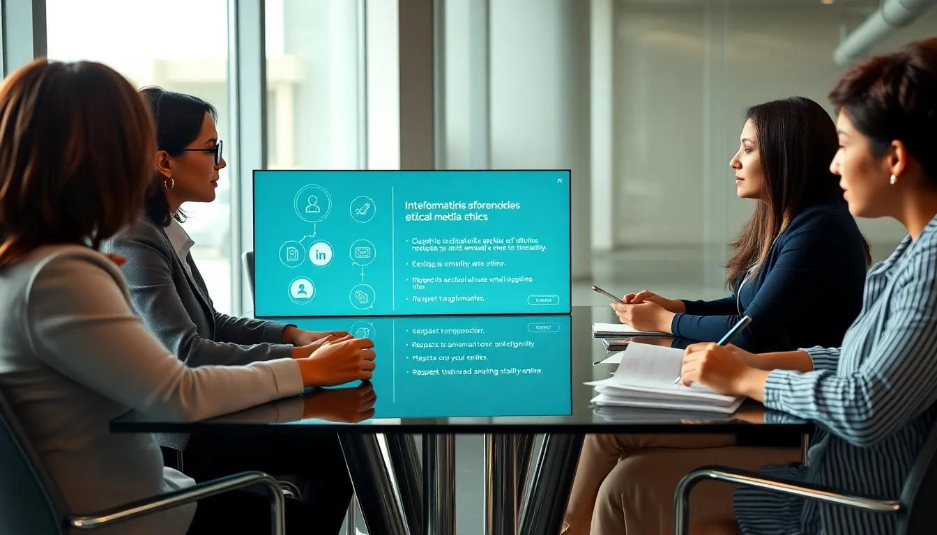 diverse team discussing social media ethics in a modern office.