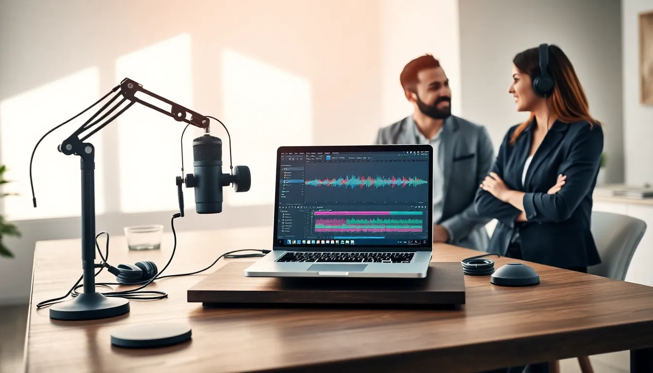 modern podcasting workspace with a laptop, microphone, and diverse team.