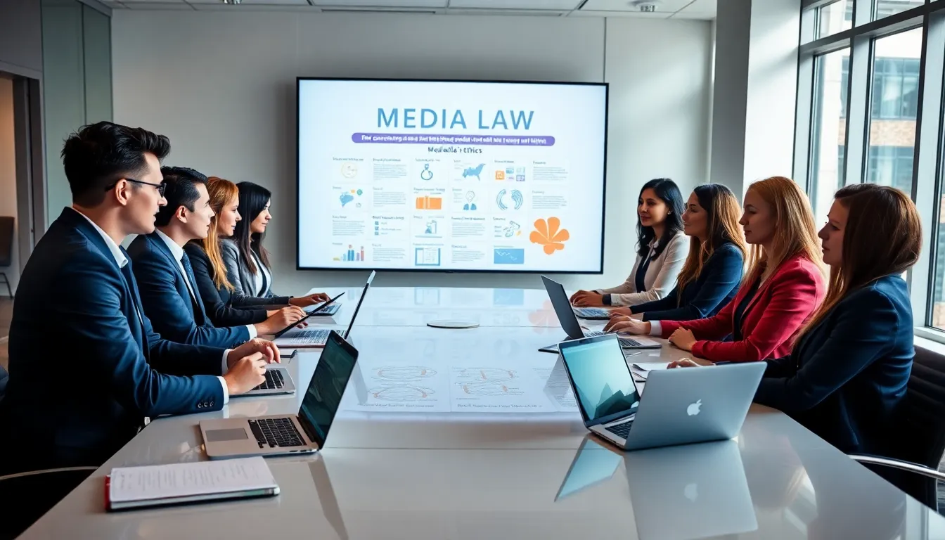 diverse media professionals discussing media law in a modern office.