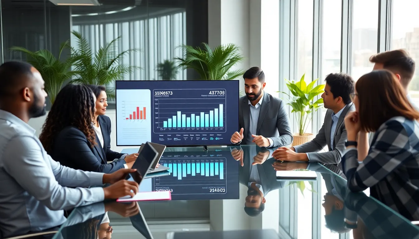 diverse team discussing data in a modern office.